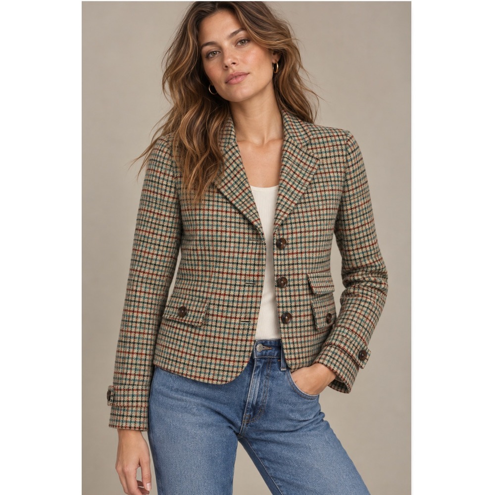 Ann Taylor LOFT Blazer 12 Multicolor Plaid Wool Blend Tweed Academic Preppy